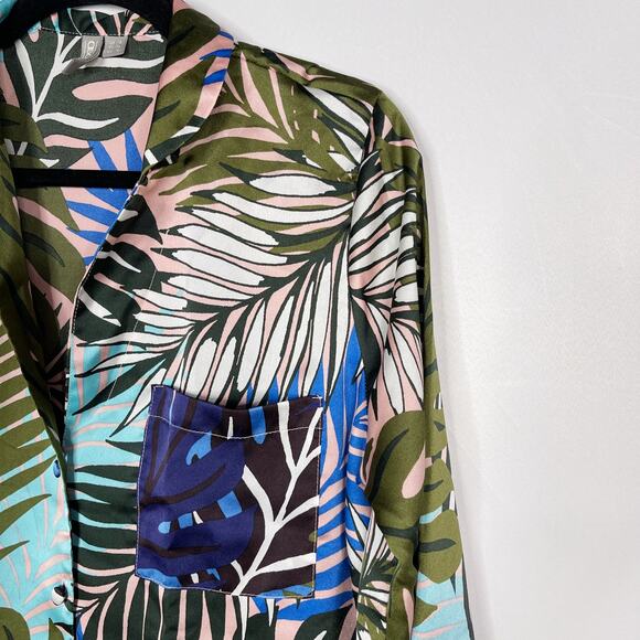 ASOS Design 4 Blue Tropical Border Print Satin Pajama Set Long Sleeve Top Pants - Picture 6 of 16